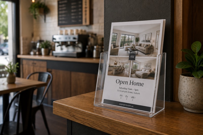 Brochures displayed on a cafe counter