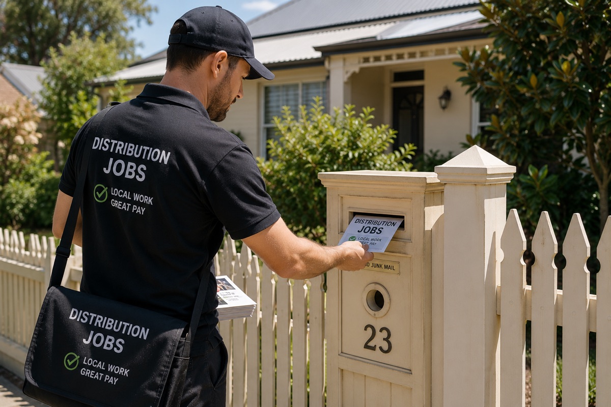 An independent distributor delivering printed flyers to a suburban Australian letterbox