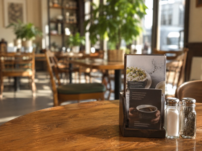 A table card holder with local promotional cards on a restaurant table
