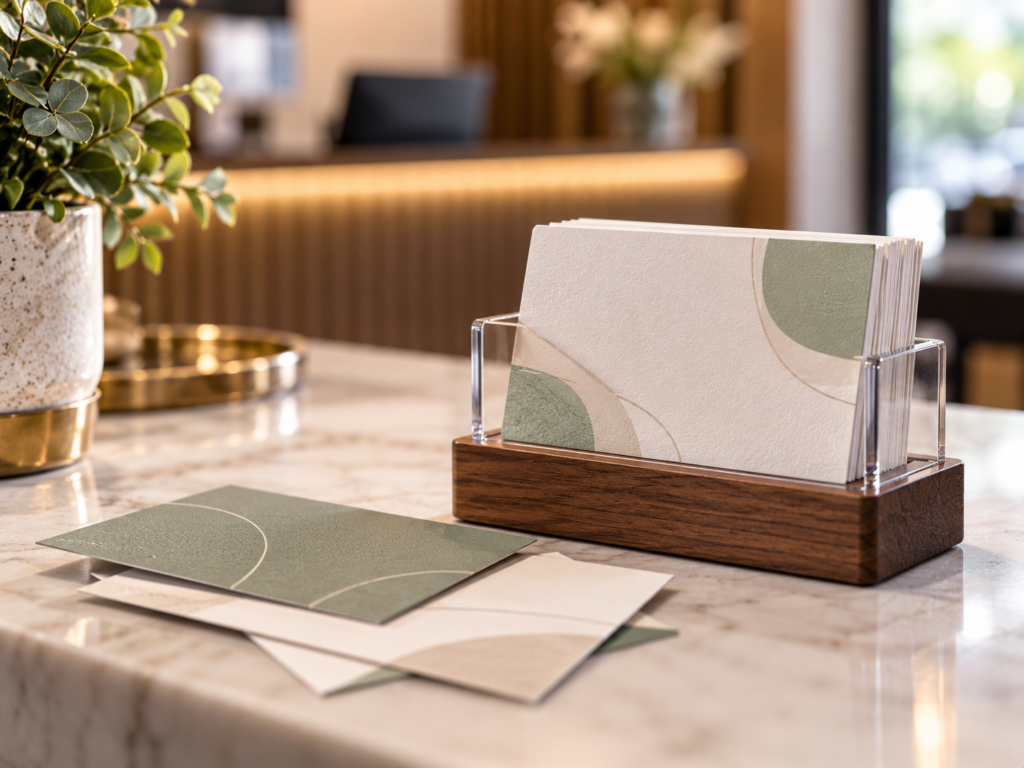 A business card holder full of cards on a marble reception counter