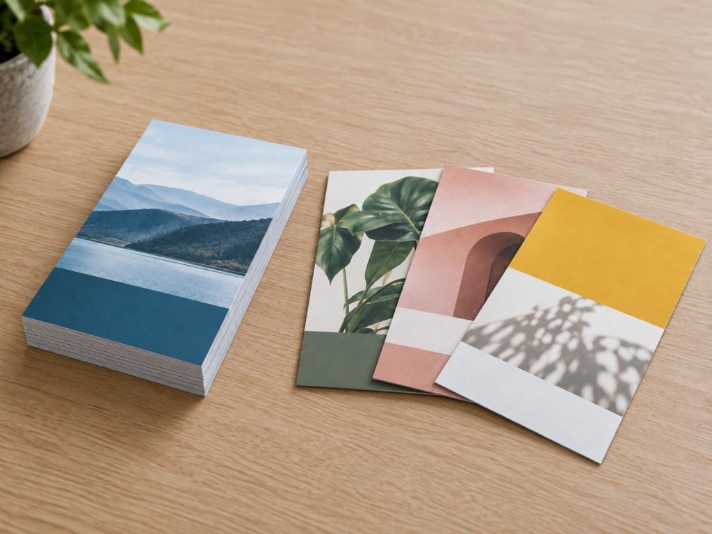 Colourful A6 flyers arranged on an oak tabletop