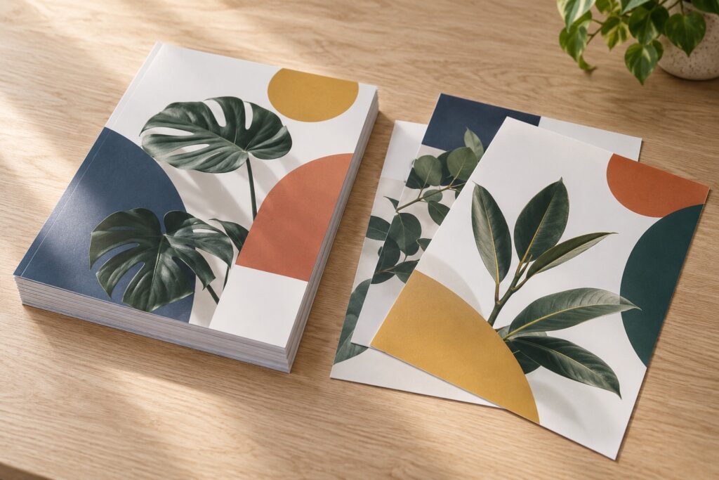 Full-colour A4 flyers with botanical artwork stacked and arranged on a light oak tabletop